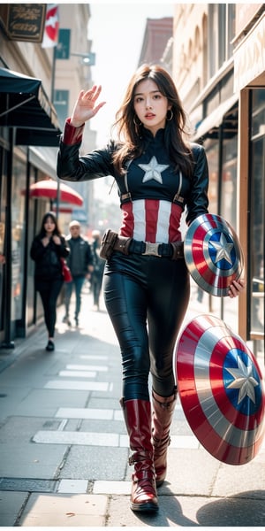 a beautiful and cute Woman wearing a  captain America suit and Without mask ,Without a helmet , disfigured forms, holding a Captain America's shield, looking at forward fighting pose.
walking in the street buying food for breakfast masterpiece, with ambience light, photorealistic, best quality, skin details, 8k intri, HDR, full_body, cinematic lighting, sharp focus, eyeliner, lips, earrings, hmmikasa,Detailedface,Extremely Realistic