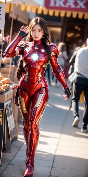 a beautiful and cute Woman wearing a  Mark XLIX Iron Man Armor suit and Without mask ,Without a helmet , disfigured forms, holding a sword, looking at forward fighting pose.
walking in the market buying food to break the fast masterpiece, with ambience light, photorealistic, best quality, skin details, 8k intri, HDR, half body, cinematic lighting, sharp focus, eyeliner, lips, earrings, hmmikasa,Detailedface,Extremely Realistic