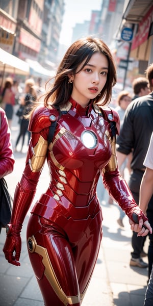 a beautiful and cute Woman wearing a  iron man suit and Without mask ,Without a helmet , disfigured forms, holding a sword, looking at forward fighting pose.
walking in the market buying food to break the fast masterpiece, with ambience light, photorealistic, best quality, skin details, 8k intri, HDR, half body, cinematic lighting, sharp focus, eyeliner, lips, earrings, hmmikasa,Detailedface,Extremely Realistic