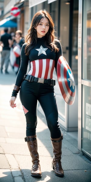 a beautiful and cute Woman wearing a  captain America suit and Without mask ,Without a helmet , disfigured forms, holding a Captain America's shield, looking at forward fighting pose.
walking in the street buying food for breakfast masterpiece, with ambience light, photorealistic, best quality, skin details, 8k intri, HDR, full_body, cinematic lighting, sharp focus, eyeliner, lips, earrings, hmmikasa,Detailedface,Extremely Realistic