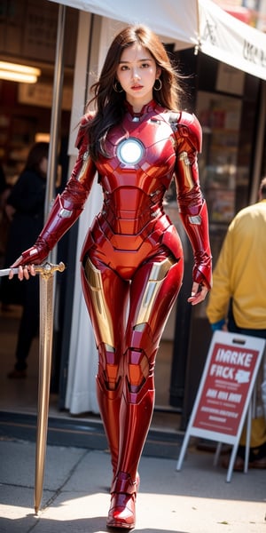 a beautiful and cute Woman wearing a  iron man suit and Without mask ,Without a helmet , disfigured forms, holding a sword, looking at forward fighting pose.
walking in the market buying food to break the fast masterpiece, with ambience light, photorealistic, best quality, skin details, 8k intri, HDR, half body, cinematic lighting, sharp focus, eyeliner, lips, earrings, hmmikasa,Detailedface,Extremely Realistic