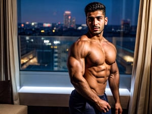 portrait half shot, a young athletic Arabic handsome man, in a luxury hotel room with a big windowed skyscrappers view, shadows accentuating muscles, buzz cut, perfect eyes, (at night):2, photography, masterpiece, 4k ultra hd, soft lighting, extremely realistic, noise-free realism, sigma 85mm f/1.4, sexy muscular