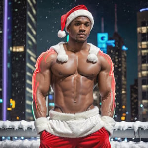 portrait shot, a photograph of a dark skin handsome muscular male teenager wearing santa costume in snowy cyberpunk city, santa hat, santa coat, neon lights, skyscrappers, perfect eyes, (at night):2, confident pose, photography, masterpiece, 4k ultra hd, soft lighting, extremely realistic, noise-free realism, sigma 85mm f/1.4, sexy muscular,Extremely Realistic,more saturation 