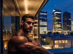 close portrait shot, a muscular attractive handsome man, in a luxury room with a big windowed skyscrappers view, (at night):2, photography, masterpiece, 4k ultra hd, extremely realistic, noise-free realism, sigma 85mm f/1.4