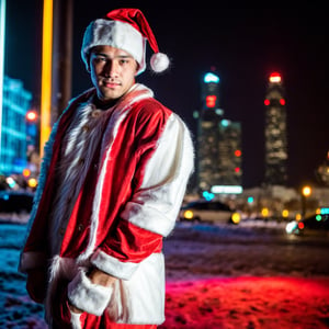 portrait shot, a photograph of a handsome muscular male teenager wearing santa costume in snowy cyberpunk city, neon lights, skyscrappers, 4k ultra hd, smooth picture, noise-free realism, sigma 85mm f/1.4,Realism,Portrait