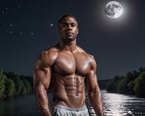 half protrait shot, a handsome dark skin muscular man standing in the moon river, pov_at_viewer, (at night):1.5, bulging biceps, chiseled physique, Arial view, photography, masterpiece, 4k, extremely realistic, noise-free realism, sigma 85mm f/1.4, more saturation