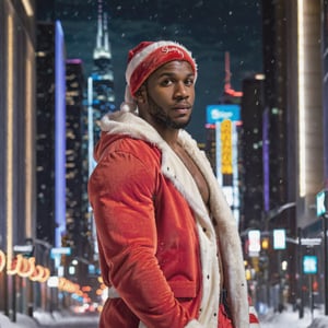 portrait shot, a photograph of a dark skin bearded handsome muscular male teenager wearing santa coat and santa hat, in a snowy cyberpunk city, neon lights, skyscrappers, perfect eyes, (at night):2, confident pose, photography, masterpiece, 4k ultra hd, soft lighting, extremely realistic, noise-free realism, sigma 85mm f/1.4, sexy muscular,Extremely Realistic,more saturation 