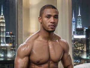 half body portrait shot, a young ebony athletic handsome man, in a luxury hotel room with a big windowed skyscrappers view, shadows accentuating muscles, buzz cut, perfect eyes, (at night):2, photography, masterpiece, 4k ultra hd, soft lighting, extremely realistic, noise-free realism, sigma 85mm f/1.4, sexy muscular,Extremely Realistic,more saturation 