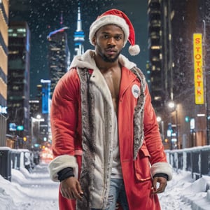 portrait shot, a photograph of a dark skin bearded handsome muscular male teenager wearing santa coat and santa hat, in a snowy cyberpunk city, neon lights, skyscrappers, perfect eyes, (at night):2, confident pose, photography, masterpiece, 4k ultra hd, soft lighting, extremely realistic, noise-free realism, sigma 85mm f/1.4, sexy muscular,Extremely Realistic,more saturation 