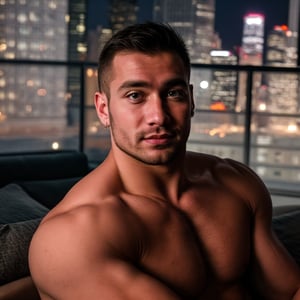 close portrait shot, a muscular attractive handsome man in a luxury hotel room with a big windowed city skyscrappers view, (at night):2, photography, masterpiece, 4k ultra hd, smooth picture,  noise-free realism, sigma 85mm f/1.4