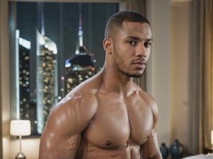 half body portrait shot, a young ebony athletic handsome man, in a luxury hotel room with a big windowed skyscrappers view, shadows accentuating muscles, buzz cut, perfect eyes, confident pose, (at night):2, photography, masterpiece, 4k ultra hd, soft lighting, extremely realistic, noise-free realism, sigma 85mm f/1.4, sexy muscular,Extremely Realistic,more saturation 