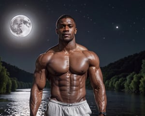 half protrait shot, a handsome dark skin muscular man standing in the moon river, pov_at_viewer, (at night):1.5, bulging biceps, chiseled physique, Arial view, photography, masterpiece, 4k, extremely realistic, noise-free realism, sigma 85mm f/1.4, more saturation