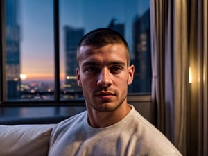 close portrait shot, a young muscular european handsome man, in a luxury hotel room with a big windowed skyscrappers view, shadows accentuating muscles, buzz cut, perfect eyes, (at night):2, photography, masterpiece, 4k ultra hd, soft lighting, extremely realistic, noise-free realism, sigma 85mm f/1.4