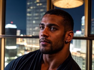 close portrait shot, a dark skin muscular european handsome man, in a luxury room with a big windowed skyscrappers view, shadows accentuating muscles, buzz cut, perfect eyes, (at night):2, photography, masterpiece, 4k ultra hd, soft lighting, extremely realistic, noise-free realism, sigma 85mm f/1.4