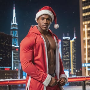 portrait shot, a photograph of a dark skin handsome muscular male teenager wearing santa costume in snowy cyberpunk city, santa hat, red coat, neon lights, skyscrappers, perfect eyes, (at night):2, confident pose, photography, masterpiece, 4k ultra hd, soft lighting, extremely realistic, noise-free realism, sigma 85mm f/1.4, sexy muscular,Extremely Realistic,more saturation 