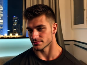 close portrait shot, a muscular attractive handsome man in a bedroom with a big windowed city skyscrappers view, (at night):2, photography, masterpiece, 4k ultra hd, smooth picture,  noise-free realism, sigma 85mm f/1.4