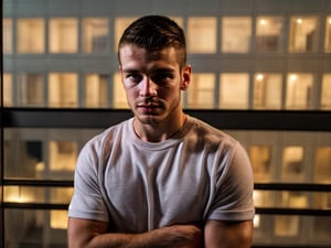 close portrait shot, a young athletic european handsome man, in a luxury hotel room with a big windowed skyscrappers view, shadows accentuating muscles, buzz cut, perfect eyes, (at night):2, photography, masterpiece, 4k ultra hd, soft lighting, extremely realistic, noise-free realism, sigma 85mm f/1.4