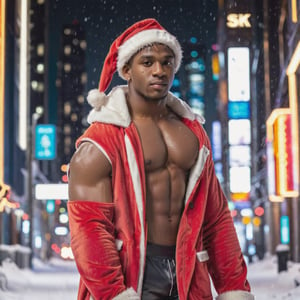 portrait shot, a photograph of a dark skin handsome muscular male teenager wearing santa coat and santa hat in snowy cyberpunk city, neon lights, skyscrappers, perfect eyes, (at night):2, confident pose, photography, masterpiece, 4k ultra hd, soft lighting, extremely realistic, noise-free realism, sigma 85mm f/1.4, sexy muscular,Extremely Realistic,more saturation 