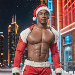 portrait shot, a photograph of a dark skin handsome muscular male teenager wearing santa costume in snowy cyberpunk city, santa hat, red coat, neon lights, skyscrappers, perfect eyes, (at night):2, confident pose, photography, masterpiece, 4k ultra hd, soft lighting, extremely realistic, noise-free realism, sigma 85mm f/1.4, sexy muscular,Extremely Realistic,more saturation 
