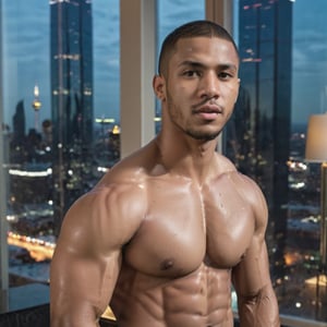 portrait shot, a young ebony athletic handsome man, in a luxury hotel room with a big windowed skyscrappers view, shadows accentuating muscles, buzz cut, perfect eyes, (at night):2, confident pose, photography, masterpiece, 4k ultra hd, soft lighting, extremely realistic, noise-free realism, sigma 85mm f/1.4, sexy muscular,Extremely Realistic,more saturation 
