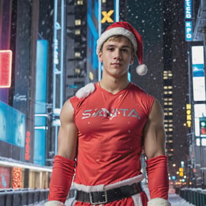portrait shot, a photograph of a handsome muscular male teenager wearing santa costume in snowy cyberpunk city, neon lights, skyscrappers, 4k ultra hd, smooth picture, noise-free realism, sigma 85mm f/1.4,Realism, Portrait