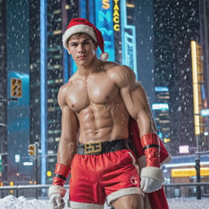 portrait shot, a photograph of a handsome muscular male teenager wearing santa costume in snowy cyberpunk city, neon lights, skyscrappers, 4k ultra hd, smooth picture, noise-free realism, sigma 85mm f/1.4,Realism, Portrait