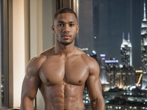 half body portrait shot, a young ebony athletic handsome man, in a luxury hotel room with a big windowed skyscrappers view, shadows accentuating muscles, buzz cut, perfect eyes, confident pose, (at night):2, photography, masterpiece, 4k ultra hd, soft lighting, extremely realistic, noise-free realism, sigma 85mm f/1.4, sexy muscular,Extremely Realistic,more saturation 