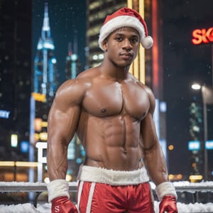 portrait shot, a photograph of a dark skin handsome muscular male teenager wearing santa costume in snowy cyberpunk city, santa hat, red coat, neon lights, skyscrappers, perfect eyes, (at night):2, confident pose, photography, masterpiece, 4k ultra hd, soft lighting, extremely realistic, noise-free realism, sigma 85mm f/1.4, sexy muscular,Extremely Realistic,more saturation 