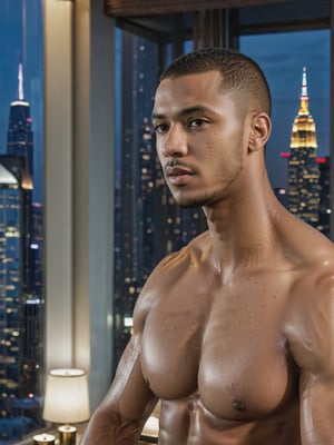 portrait shot, a young ebony athletic handsome man, in a luxury hotel room with a big windowed skyscrappers view, shadows accentuating muscles, buzz cut, perfect eyes, (at night):2, photography, masterpiece, 4k ultra hd, soft lighting, extremely realistic, noise-free realism, sigma 85mm f/1.4, sexy muscular,Extremely Realistic,more saturation 