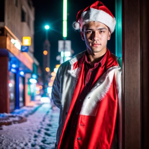 portrait shot, a photograph of a handsome muscular male teenager wearing santa costume in snowy cyberpunk city, neon lights, skyscrappers, 4k ultra hd, smooth picture, noise-free realism, sigma 85mm f/1.4,Realism, portrait, pov_eye_contact