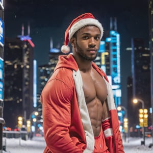 portrait shot, a photograph of a dark skin bearded handsome muscular male teenager wearing santa coat and santa hat, in a snowy cyberpunk city, neon lights, skyscrappers, perfect eyes, (at night):2, confident pose, photography, masterpiece, 4k ultra hd, soft lighting, extremely realistic, noise-free realism, sigma 85mm f/1.4, sexy muscular,Extremely Realistic,more saturation 