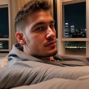 close portrait shot, a muscular attractive handsome man in a luxury hotel room with a big windowed city skyscrappers view, (at night):2, photography, masterpiece, 4k ultra hd, smooth picture,  noise-free realism, sigma 85mm f/1.4