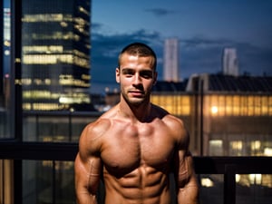 close portrait shot, a young muscular european handsome man, in a luxury room with a big windowed skyscrappers view, shadows accentuating muscles, buzz cut, perfect eyes, (at night):2, photography, masterpiece, 4k ultra hd, soft lighting, extremely realistic, noise-free realism, sigma 85mm f/1.4