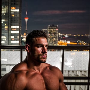 close portrait shot, a muscular attractive handsome man, in a luxury hotel room with a big windowed city skyscrappers view, (at night):2, photography, masterpiece, 4k ultra hd, smooth picture,  noise-free realism, sigma 85mm f/1.4