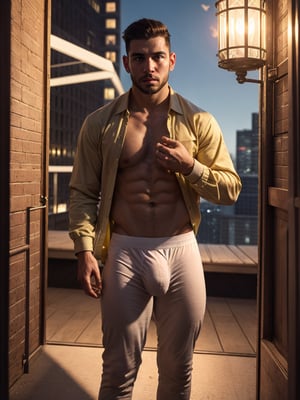 Realistic depiction of a muscular male with full-body focus on his physique at night. He stands confidently with blush cheeks and glossy lips, wearing briefs, open shirts, sporting thick eyebrows and lips, framed by a perfect oval face and sharp nose. His hi-top fade haircut is neatly trimmed at 1.3 inches. The scene features soothing tones, muted colors, and high contrast, with natural skin texture and soft light. Sharp focus on his facial features creates a hyperrealistic image, huge bulge

modern bedroom with decorations, a windowed night view of beautiful city with skyscrapers, at night, dark enviroment Camera settings to capture such a vibrant and detailed image would likely include,1girl
