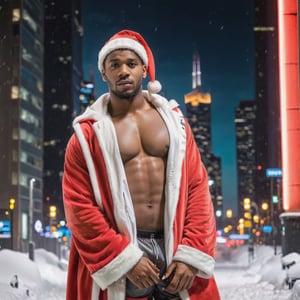 portrait shot, a photograph of a dark skin bearded handsome muscular male teenager wearing santa coat and santa hat, in a snowy cyberpunk city, neon lights, skyscrappers, perfect eyes, (at night):2, confident pose, photography, masterpiece, 4k ultra hd, soft lighting, extremely realistic, noise-free realism, sigma 85mm f/1.4, sexy muscular,Extremely Realistic,more saturation 