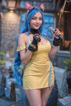 a woman in a yellow dress, (((holding and playing a mic))), long blue hair, smile, socks, gloves, blue hair, braid, hairband, shaped like musical notes, gloves without fingers, pink eyes, tiara on the head, music,Mobile legends,
skin, realistic,
photon mapping
more details
16k,Hdr,cg, 3d, maintain maximum image detail,photography,high resolution,Anti Aliasing,(((SEXY)))








