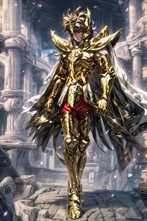 absurdres, highres, ultra detailed,Insane detail in face,  (boy:1.3), Gold Saint, Saint Seiya Style, Gold Armor, Full body armor, no helmet, Zodiac Knights, white long cape, brown hair, Asian Fighting style pose,Pokemon Gotcha Style, gold gloves, long hair, long white cape, messy_hair,  Gold eyes, black pants under armor, full body armor, beautiful old greek temple in the background, beautiful fields, full leg armor, ultrainstinct,FUJI,midjourney, battle_stance