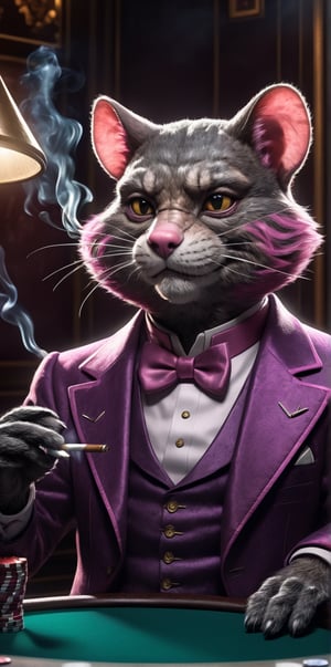 Anomorphic Snagglepuss,{smoking a cigar at poker table} Dingy, Dusty, reflection mapping, realistic figure, hyperdetailed, cinematic lighting photography, 32k uhd black lighting on suit, 
