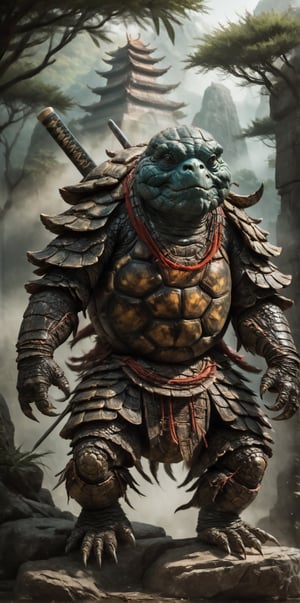 In the heart of a secluded grove nestled within the mist-shrouded peaks of ancient Chinese mountains, a solitary figure emerges from the shadows. Meet the Tortoise Fist, a master of kung fu and guardian of secrets long forgotten.

With a shell weathered by centuries of wisdom and experience, the Tortoise Fist embodies tranquility and power. Clad in an old, worn, and dingy kung fu outfit, its sleeves billow with every graceful movement, bearing the stains of battles fought and victories won.

In one hand, the Tortoise Fist wields a wooden staff, a symbol of its mastery over the martial arts. The staff is polished by years of training, yet bears the scars of countless clashes, each dent and scratch a testament to the skill of its wielder.

As the Tortoise Fist assumes a stance of readiness, the backdrop of the grove comes to life. Towering trees adorned with lush foliage frame the scene, their branches concealing hidden ninjas poised for action. Their presence adds an air of mystery and danger to the tranquil setting, hinting at the challenges that await any who dare to challenge the Tortoise Fist's domain.

In the distance, mist-clad mountains rise majestically, their peaks disappearing into the clouds. The serene beauty of the landscape belies the ancient secrets that lie buried within its depths, guarded by the vigilant gaze of the Tortoise Fist, the silent protector of the Hidden Grove,ULTIMATE LOGO MAKER [XL]