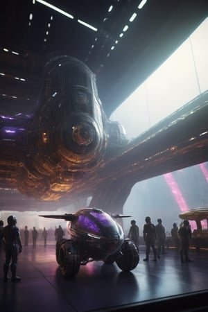 Create a high-resolution, raw photograph of a dark, carbon fiber space port filled with futuristic machines and aircraft. The scene should be bustling with activity, featuring humanoid robots performing various tasks. The environment is mystic, with a slight haze of space dust adding to the atmosphere. Use neon lighting for backlights, casting vibrant hues of blue, purple, and green across the scene. The intricate details of the machines, aircraft, and robots should be clearly visible, highlighting the advanced technology and sleek design. The overall mood should be a blend of mystery and high-tech sophistication, moody tones, (real landscape:1.1), (blurred background:1.0),industrialbuilding,xtower,stacked,Energy light particle mecha,futureurban,LW,vertical