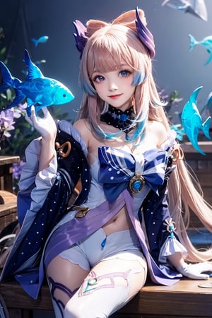 1girl, bare shoulders, fish, frilled sleeves, half gloves, navel, short shorts, white gloves, white thighhighs, wide sleeves, long sleeves, vision (genshin impact), white shorts, detached collar, smile, blush, looking at viewer, closed mouth, detached sleeves,