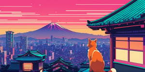 Long shot: a detailed cat walking on top of a roof next to a building, japanese city pop color palette, vaporwave city, anime style cityscape, anime aesthetic, tokyo anime scene, tokyo - esque town, 9 0 s anime aesthetic, japanese city, colorful kitsune city, lofi artstyle, japanese neighborhood, japanese town, a digital painting, by Kubisi art, furry art, high detailed colors, martin ansin,  a portrait of the character, cute detailed artwork, gta art, ukiyo-e art, anime background art, cyberpunk art, beautiful wallpaper, digital art - w 700, medical stitches vaporwave, tokyo mural, painting of a cat, this is beautiful, (HDR:1.4), masterpiece, best quality, 18:9, the cat far from the camera, Long Distance object