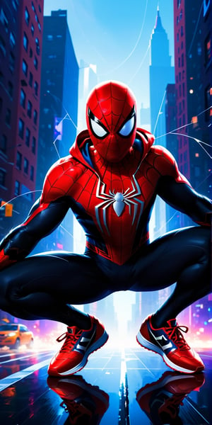(((Full body))) , ((spider - man flying through the air with his hands in the air wearing hodie)), futuristic style spiderman, portrait of spiderman, highly detailed spider - man, highly detailed 4 k art, spider - verse art style, hyper detailed digital art, highly detailed digital art, miles morales, miles morales!!!, 4 k highly detailed art, striking detailed artstyle, highly detailed digital artwork, wallpaper 4 k, cinematic, portrait, sneaker, in style of atey ghailan, spider - verse art style, he is traversing a shadowy city, donald glover as miles morales, key art, peter parker, by Christopher Balaskas, into the spider verse, dark backround, red webs, spider-man, ((wide shot)), cinematic shot, cinematic lighting, long shot, (best quality, masterpiece, illustration, designer, lighting), (extremely detailed CG 8k wallpaper unit), (detailed and expressive eyes), detailed particles, beautiful lighting, Spiderman swinging from his web through a busy city street, action shot, cowboy shot, (detailed background), (extremely detailed CG unity 8k wallpaper, masterpiece, best quality, ultra-detailed, best shadow)