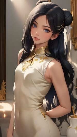 (photorealistic),(masterpiece, sidelights, exquisite gentle eyes), (character focus,face focus,close to viewer,portrait,masterpiece)、 3D face,(long black hair:1.3),(double bun),(1 girl),(gold eyes),(light smile)
,(upper body),(sleeveless china dress,gold embroidery),(contrapposto)、hair ribbon,
,(small breasts),(blue gradient background)、
neat and clean、adorable、Slim Body,(tsurime),,shiny hair, shiny skin、,niji,sketch,manga,