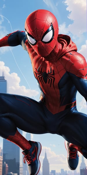 ((Full_body:1.4)), ((long_shot:0.8)) , ((spider - man flying through the air with his hands in the air wearing hodie, futuristic style spiderman, portrait of spiderman, highly detailed spider - man, highly detailed 4 k art, spider - verse art style, hyper detailed digital art, highly detailed digital art, miles morales, miles morales!!!, 4 k highly detailed art, striking detailed artstyle, highly detailed digital artwork, wallpaper 4 k, cinematic, portrait, sneaker, in style of atey ghailan, spider - verse art style, he is traversing a shadowy city, donald glover as miles morales, key art, peter parker, by Christopher Balaskas, into the spider verse, dark backround, red webs, spider-man, wide shot, cinematic shot, cinematic lighting)) 