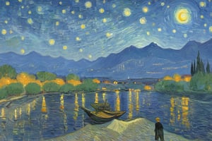 Starry Night Over the Rhone by Vincent William Van Gogh, lake, Angler, freedom, soul, digital illustration, approaching perfection, Pooh takes up a small part of the picture,dynamic, highly detailed,  artstation, concept art, sharp focus, in the style of artist like Vincent William Van Gogh, artistic oil painting stick