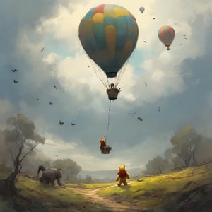 Winnie the Pooh floating in the sky,People stand on the ground,freedom, soul, digital illustration, approaching perfection, Pooh takes up a small part of the picture,dynamic, highly detailed, Renoir style, artstation, concept art, sharp focus, in the style of artists like Russ Mills, Sakimichan, Wlop, Loish, Artgerm, Darek Zabrocki, and Jean-Baptiste Monge,v0ng44g