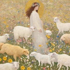 Composition of Gustav Klimt's "The Virgin", flowers, sheep, sheepdog, grassland, freedom, soul, digital illustration, approaching perfection, dynamic, highly detailed,  artstation, concept art, sharp focus, in the style of artist like Gustav Klimt, artistic oil painting stick