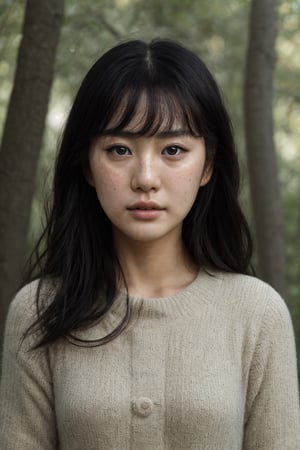 ((best quality)), ((masterpiece)), (detailed), photorealistic, (((8k))), perfect face, detailed cheeks, detailed eyes, detailed lips, detailed body, simple background, chinese woman, round face, black hair, tucking her hair behind her ear, black eyes, small eyes, no makeup, Extremely Realistic, realistic skin, slight freckles, wondering in the woods, light fiber clothes,Detailedface